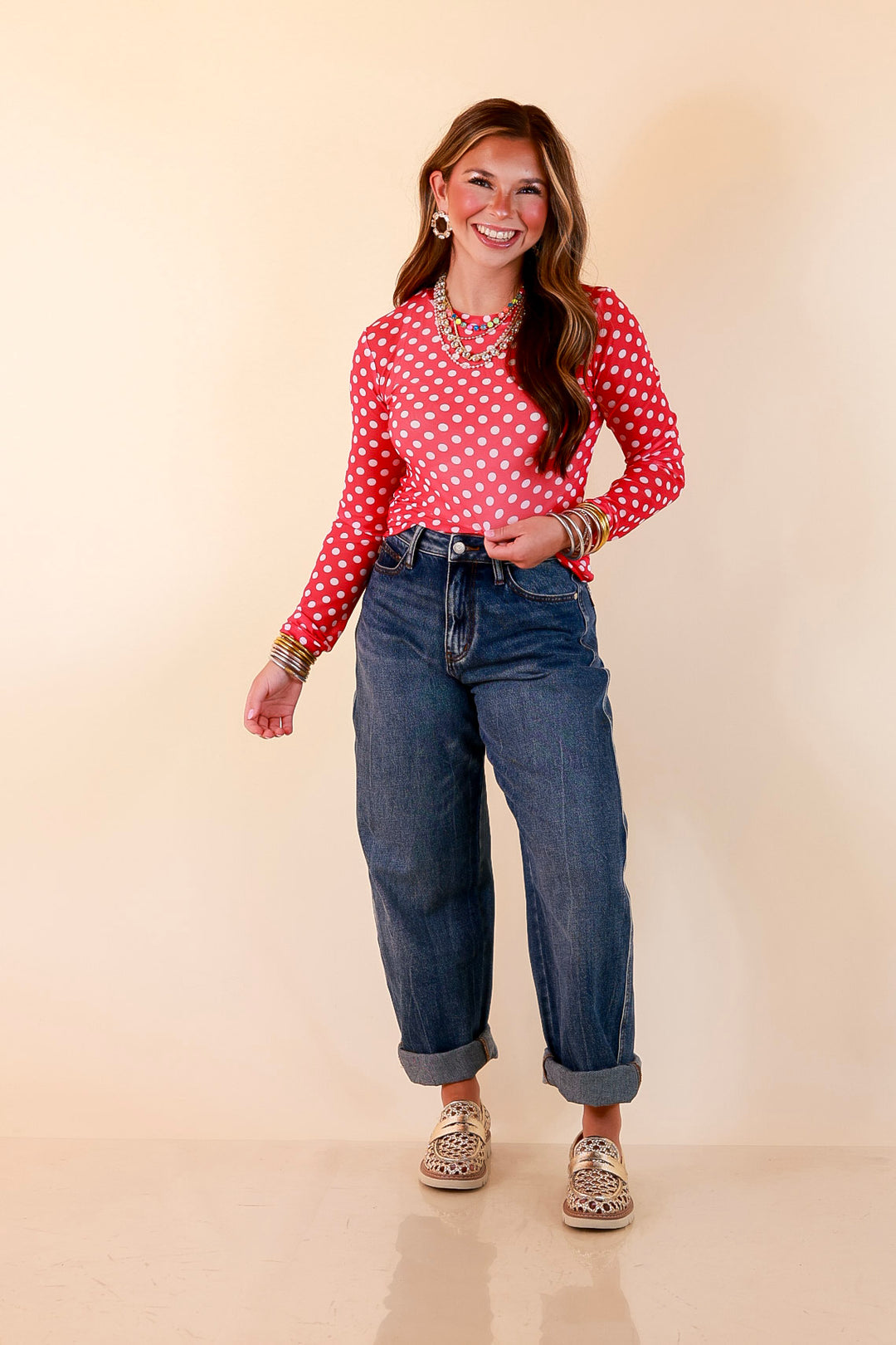 The Essential Layer White Polka Dot Print Sheer Mesh Long Sleeve Top in Hot Pink