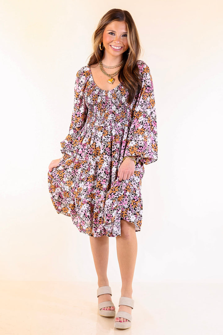 Day Cafe Smocked Bodice Floral Long Sleeve Dress in Light Pink and Rust