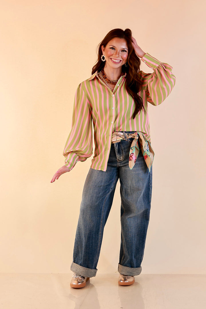 Better Together Stripe Button Up Collared Top with Poofy Sleeves in Olive Green and Pink