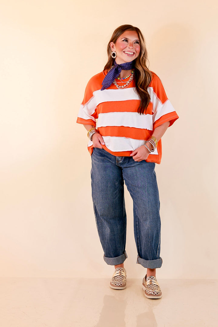 Simply Styled Color Block Rugby Style Relaxed Short Sleeve Top in Orange