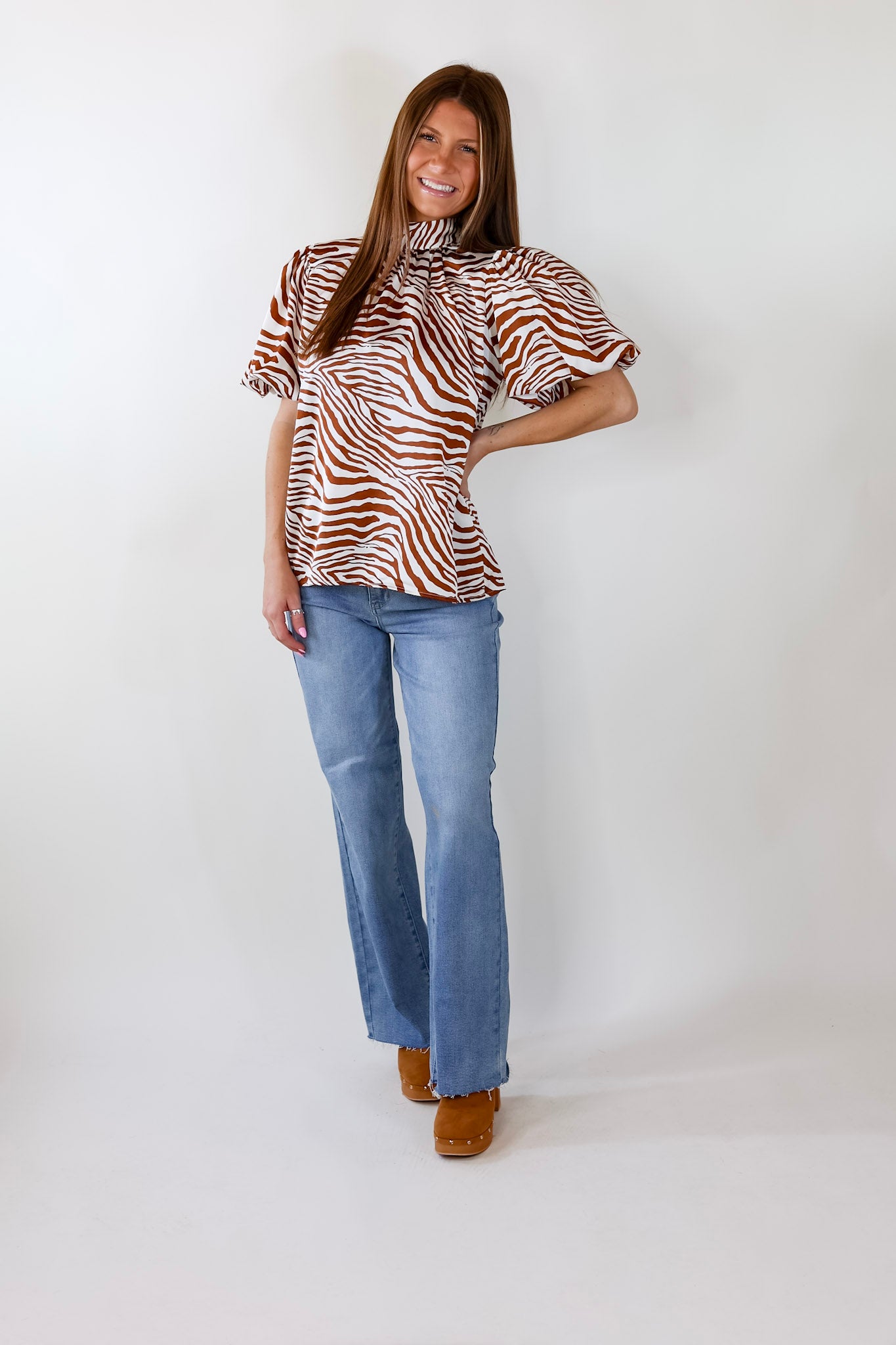 Rival Flair Zebra Print Top with Mock Neck in Ginger and White - Giddy Up Glamour Boutique