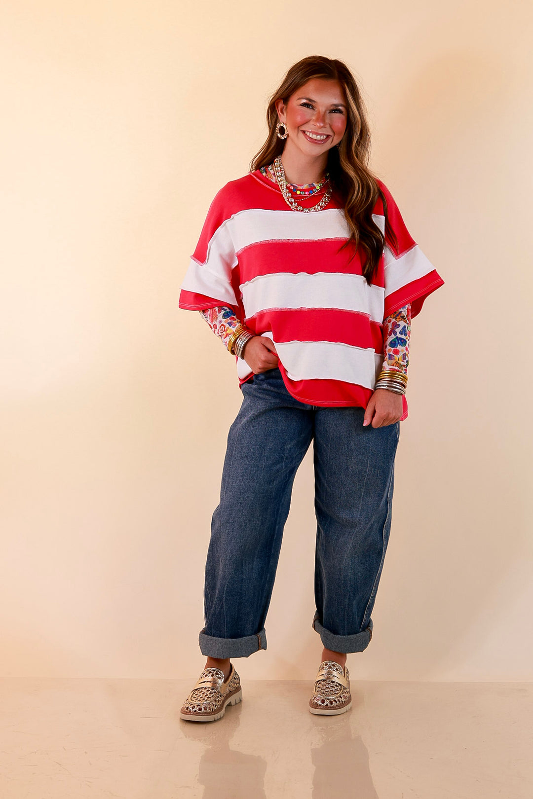Simply Styled Color Block Rugby Style Relaxed Short Sleeve Top in Hot Pink