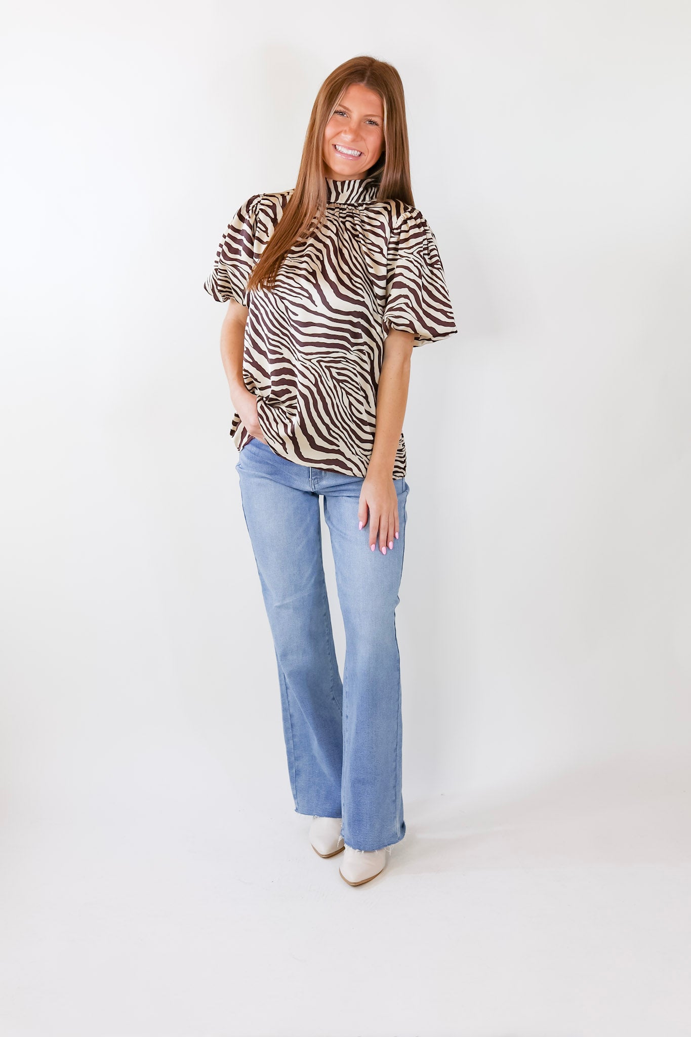 Rival Flair Zebra Print Top with Mock Neck in Chocolate Brown and Cream - Giddy Up Glamour Boutique