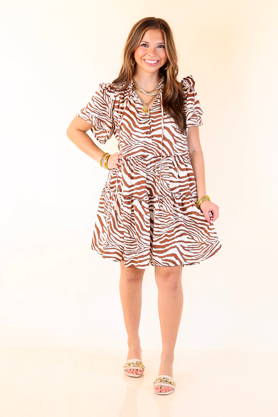 If You Dare Zebra Print Tiered Dress in Ginger Brown and White