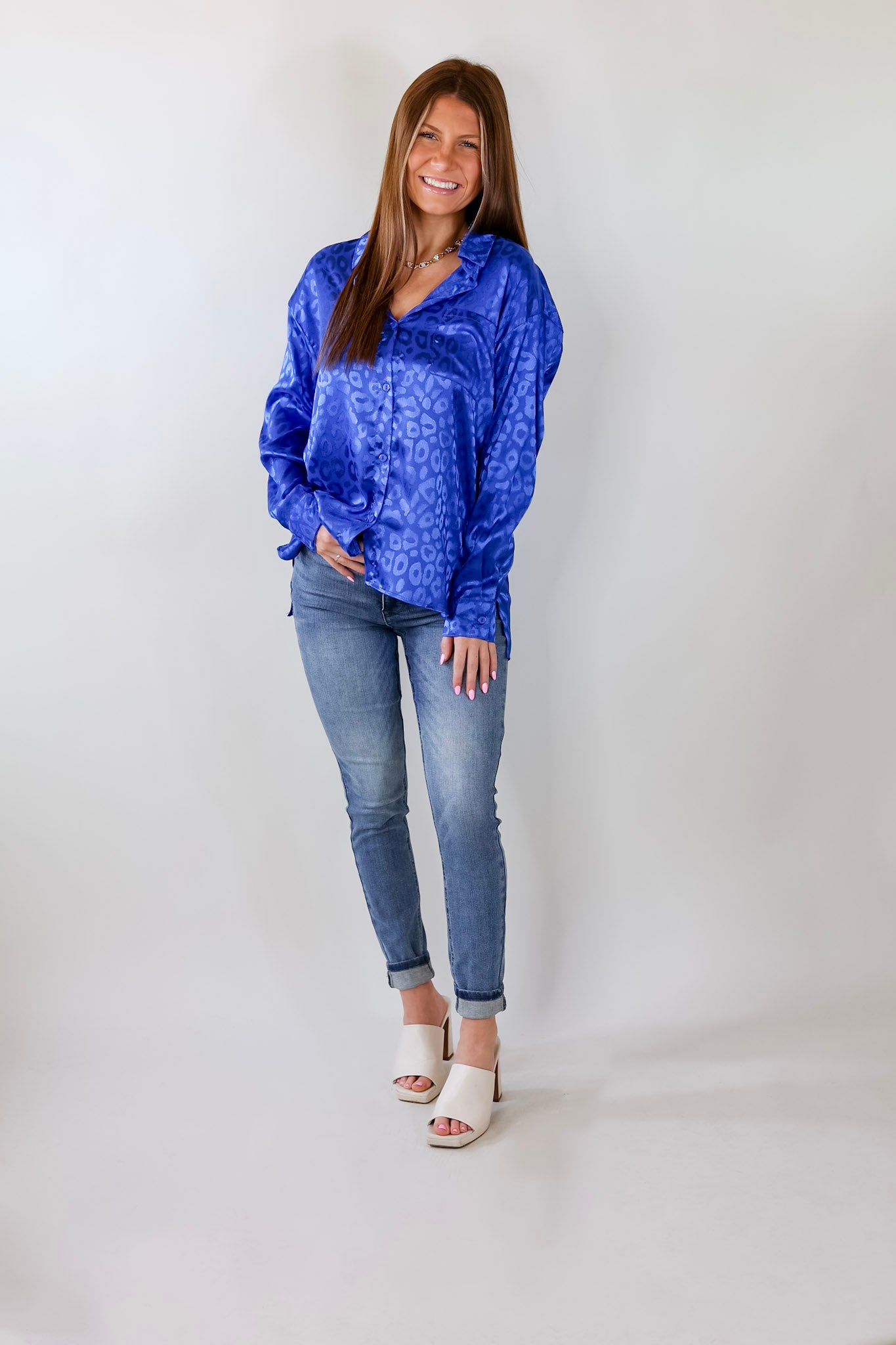 Top It Off Long Sleeve Button Up Satin Leopard Top in Blue - Giddy Up Glamour Boutique