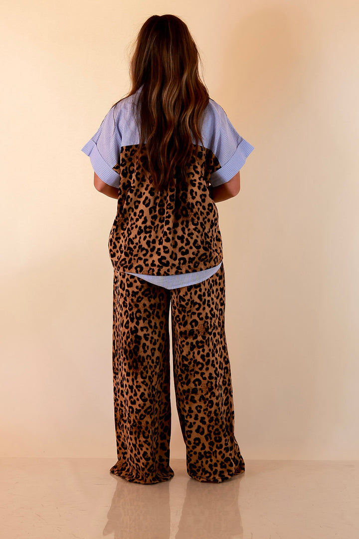 Relaxed Refinement Blue Stripe Detail Button Front Collared Top with Matching Wide Leg Pants Set in Leopard Print