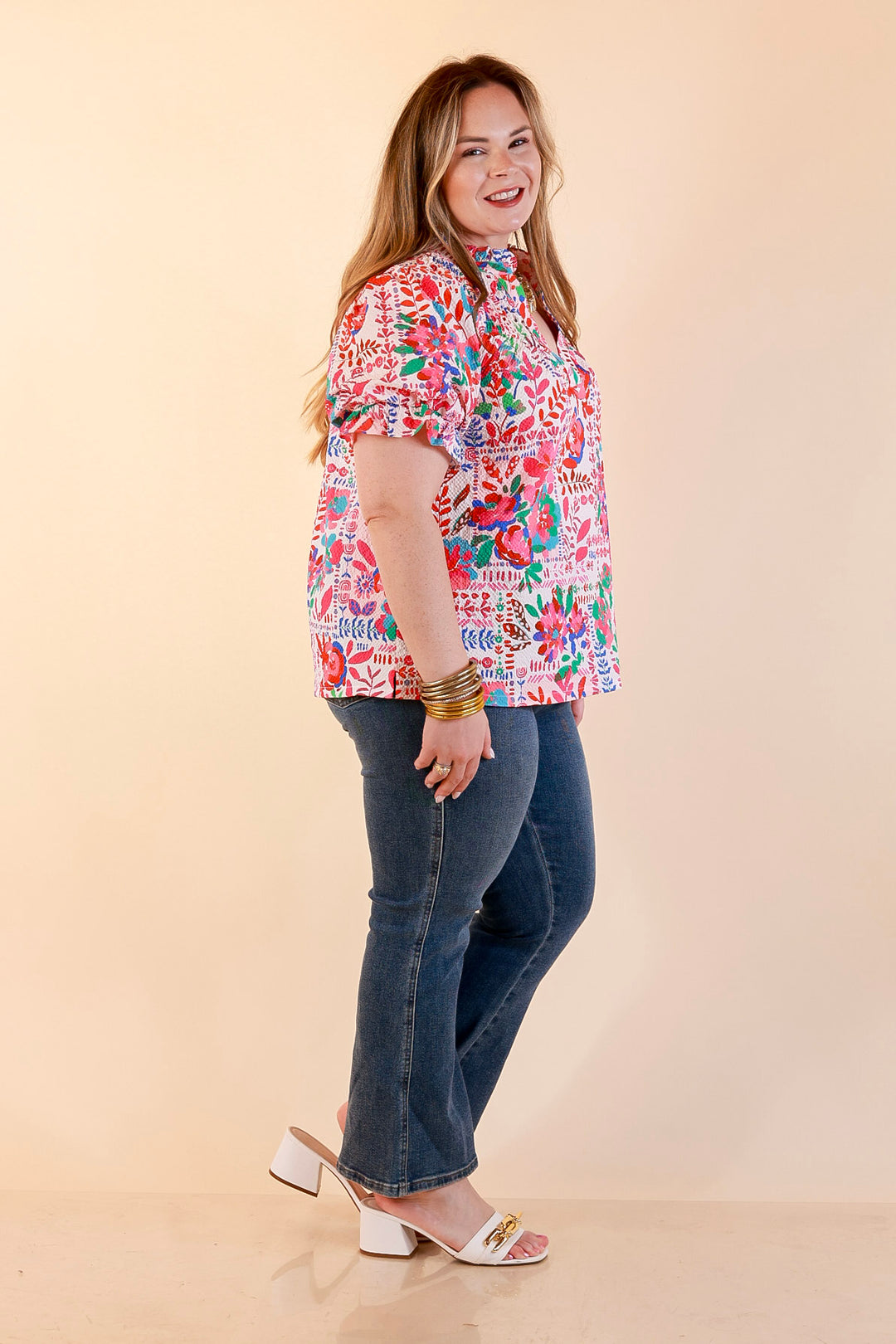 Blooming Grace Floral Print Top with Split Neckline and Puff Sleeves in Blush Mix