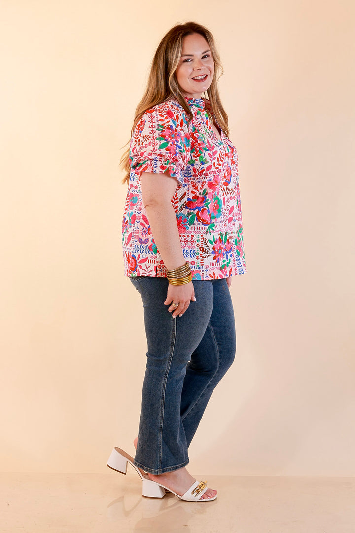 Blooming Grace Floral Print Top with Split Neckline and Puff Sleeves in Blush Mix