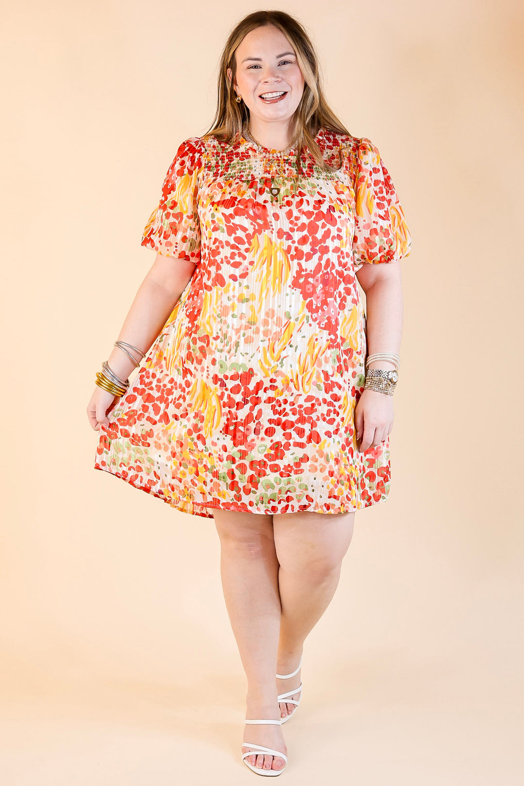 Simply Radiant Mix Floral Print Dress with Short Sleeves in Red and Yellow Mix