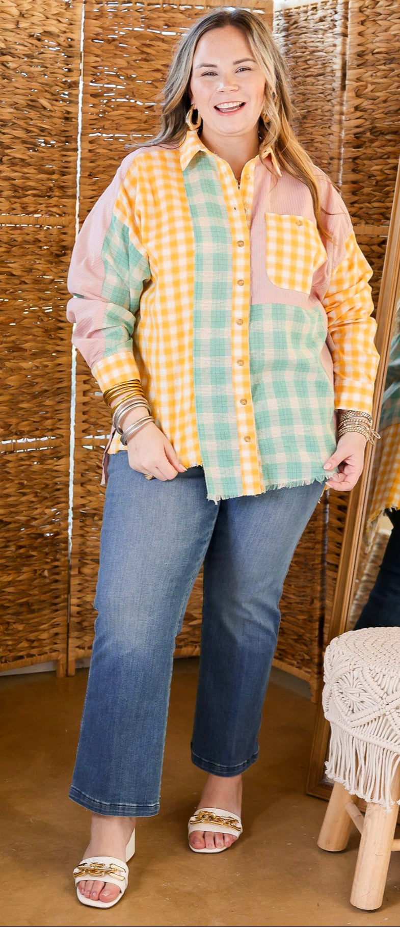 Sandy Shore Plaid Print Block Button Up Top with Raw Hem in Mustard Yellow Mix