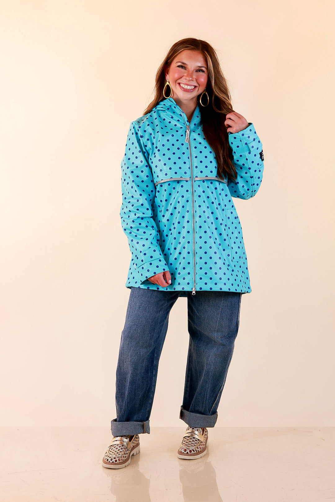 Lulu Mac | Chic Forecast Navy Blue Polka Dot Hooded Rain Jacket in Turquoise Blue