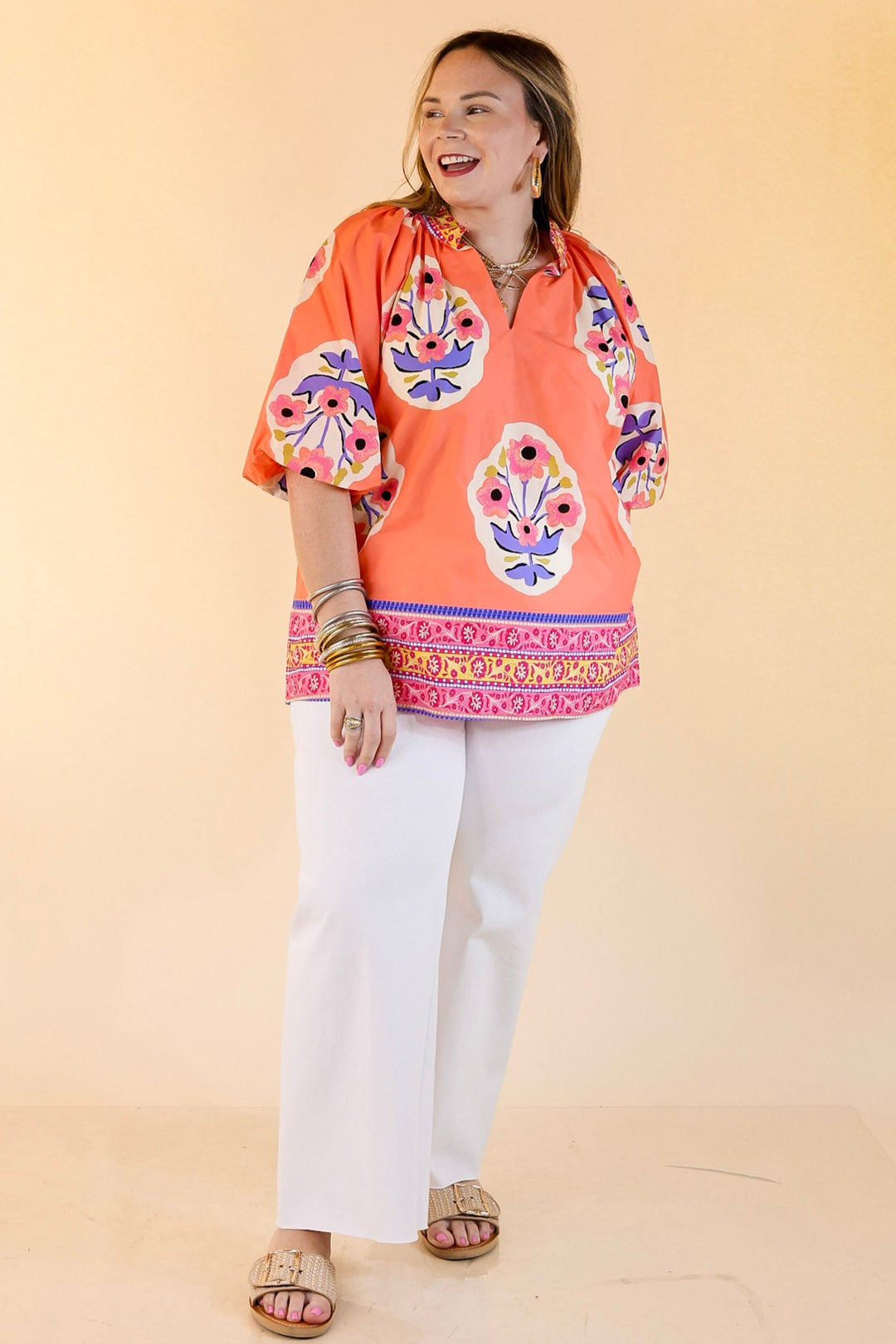 Twirling Tulips Floral Print A-line Top in Coral And Purple