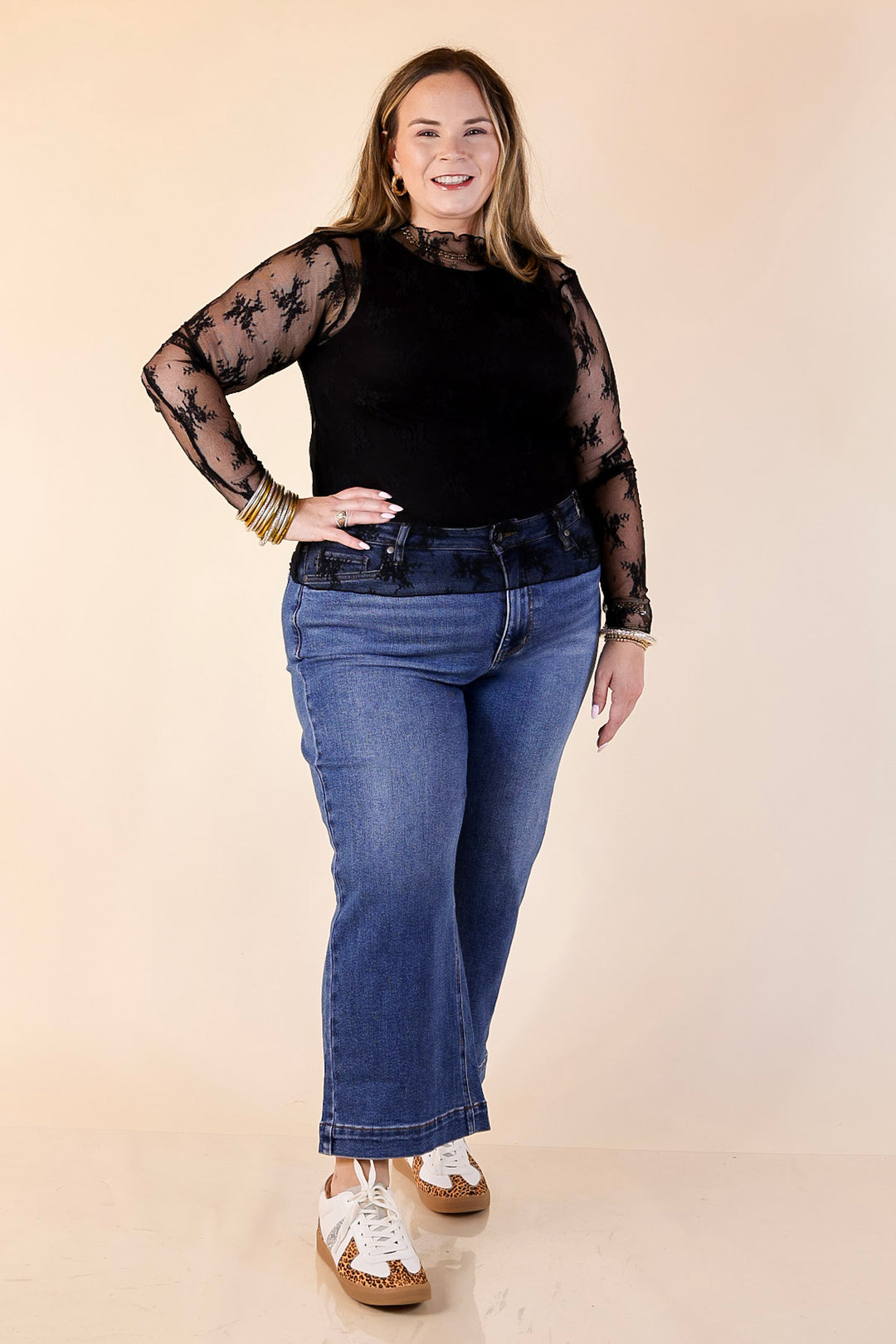 Daringly Delicate Sheer Mock Neck Long Sleeve Lace Top in Black