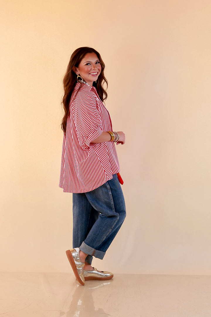 Perfectly Aligned Button Down Collared Top with Vertical Ivory Stripe Detail in Red