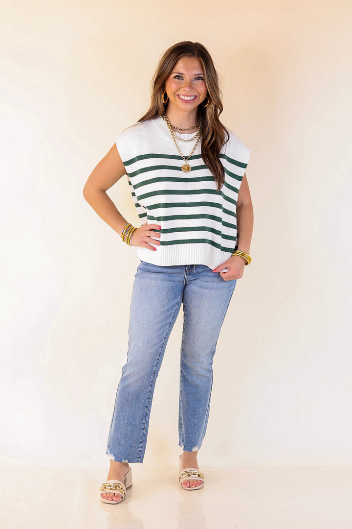 Stripe Things Up Drop Shoulder Knit Sweater in White with Forest Green Stripes
