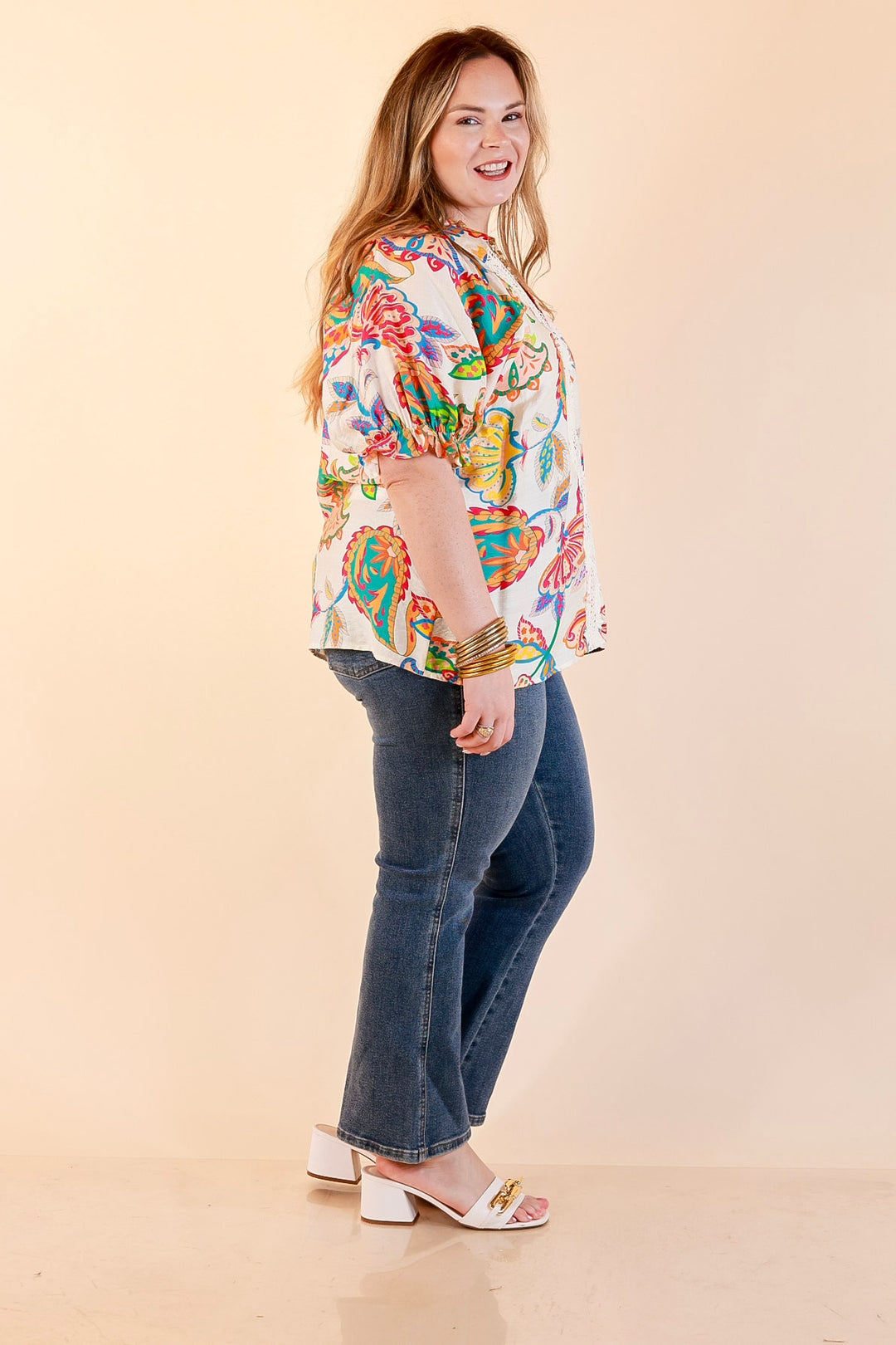 Bold Escape Floral Print Lace Front Top with Collar and Puff Sleeves in Cream Mix