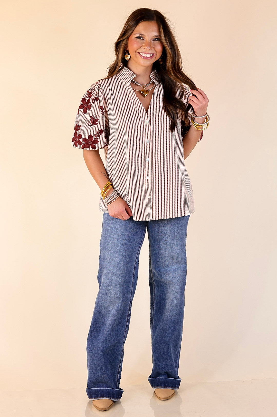 Sweet Intentions Button Down Striped Top with Puff Embroidered Sleeves in Maroon