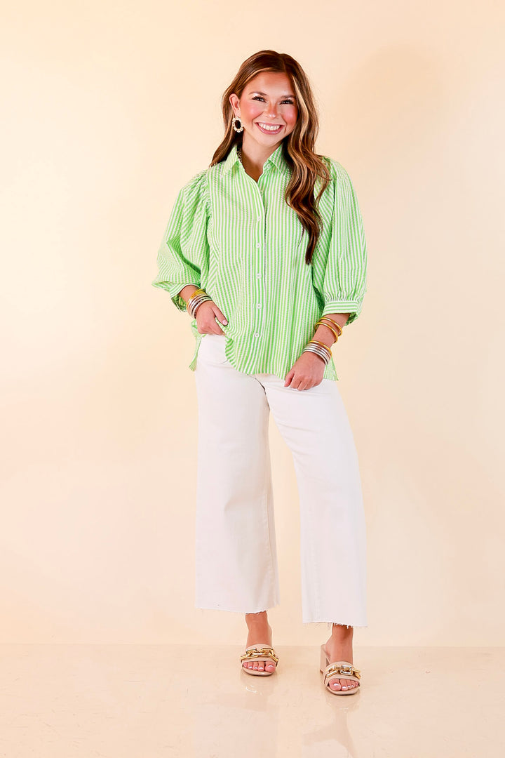 Crisp and Collected Stripe Button Front Collared Top with Puff Short Sleeves in Lime Green and White