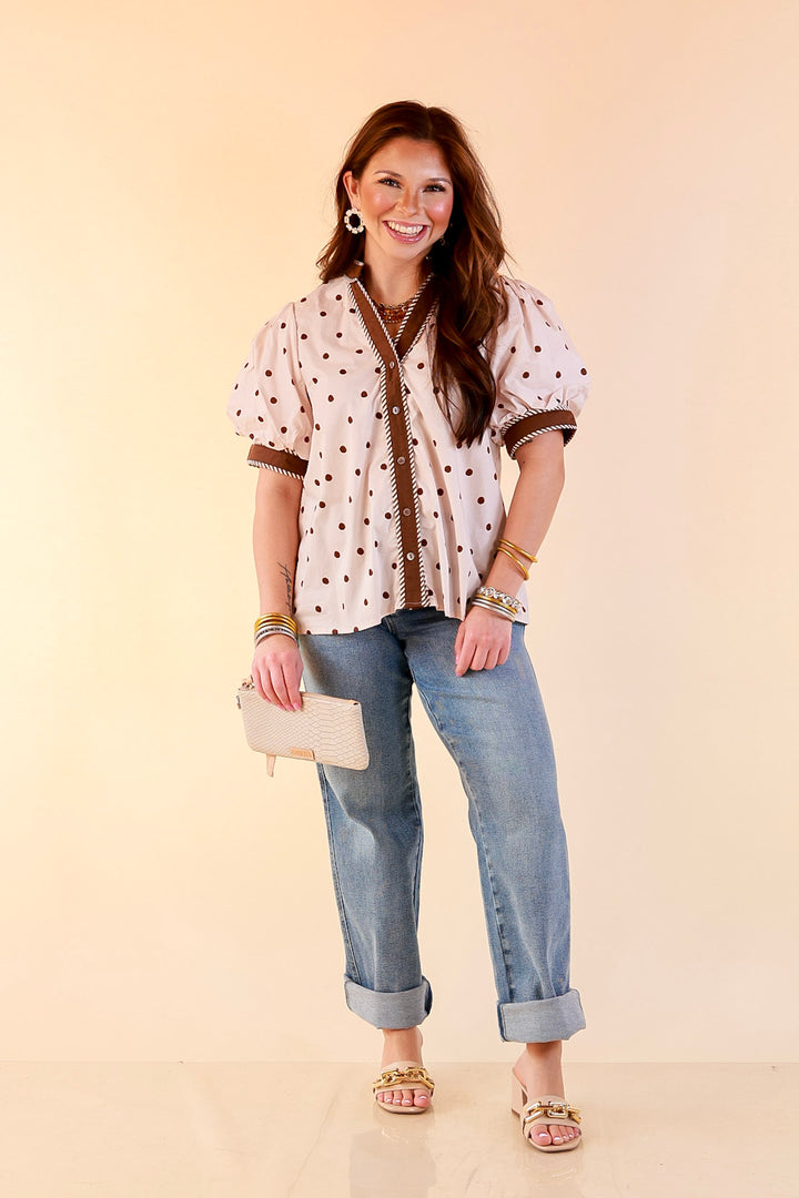 Pop of Polish Short Puff Sleeve Button Front Polka Dot Print Top with Contrast Trim in Ivory and Chocolate Brown