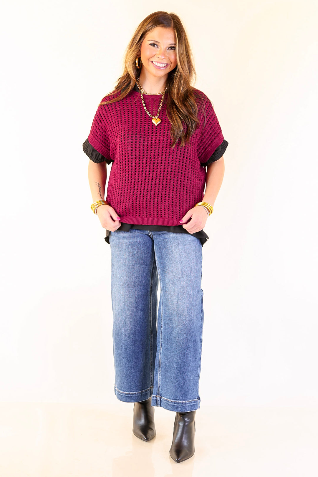 Breezy Intentions Open Knit Short Sleeve Sweater in Maroon