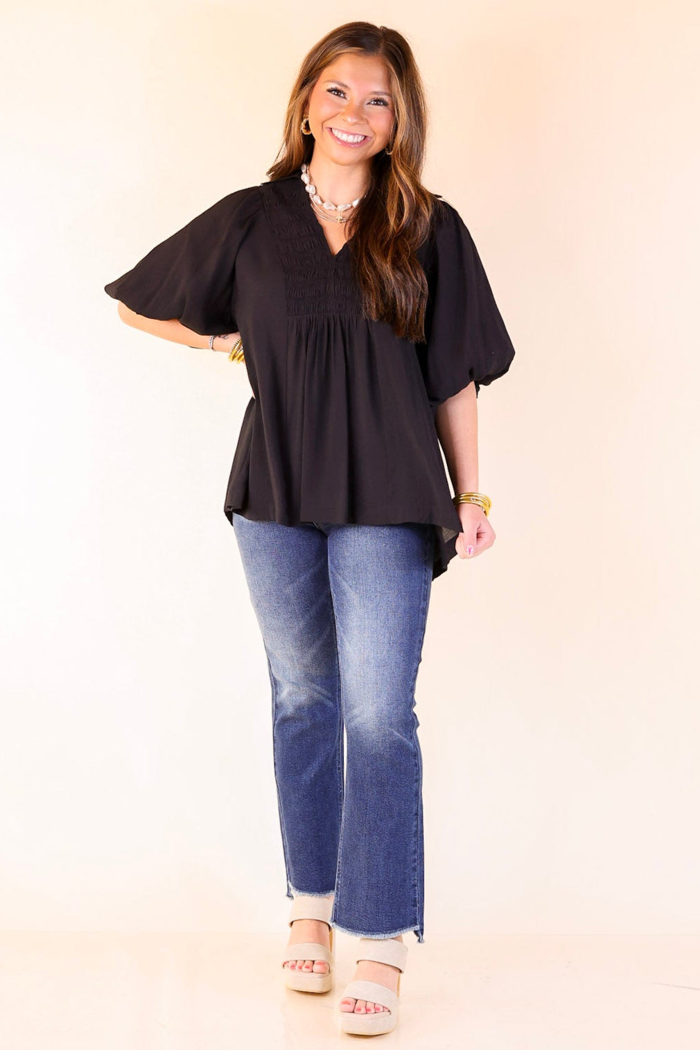 Crush on Classic Flowy Blouse with Smocked Yoke in Black