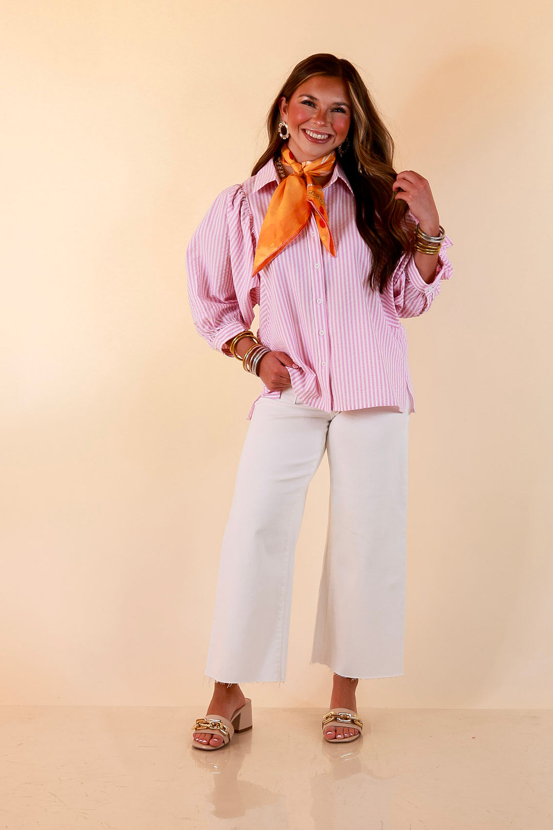 Crisp and Collected Stripe Button Front Collared Top with Puff Short Sleeves in Pink and White