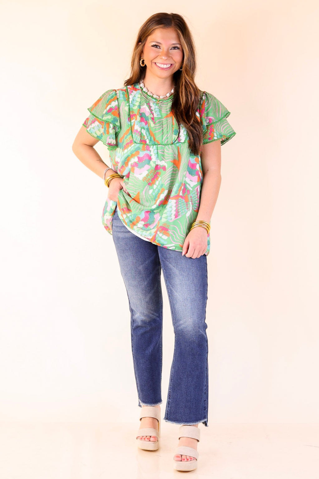 Lovely Dreams Abstract Print Blouse with Lace Detailing in Green