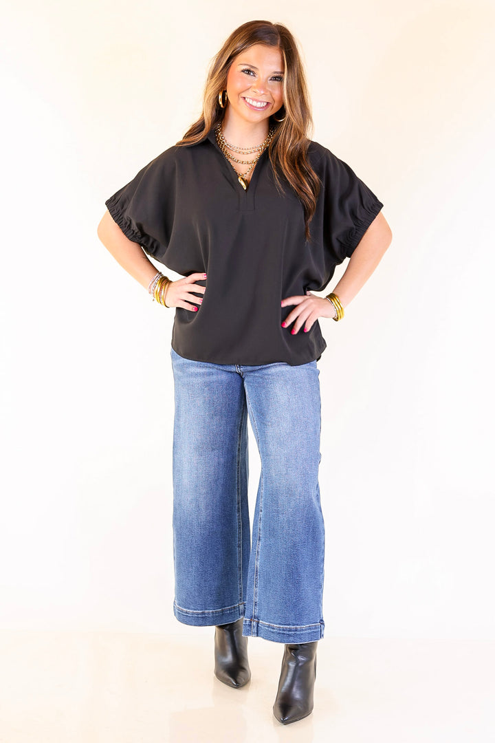 Fresh Start Collared V-Neck Blouse With Drop Shoulder in Black