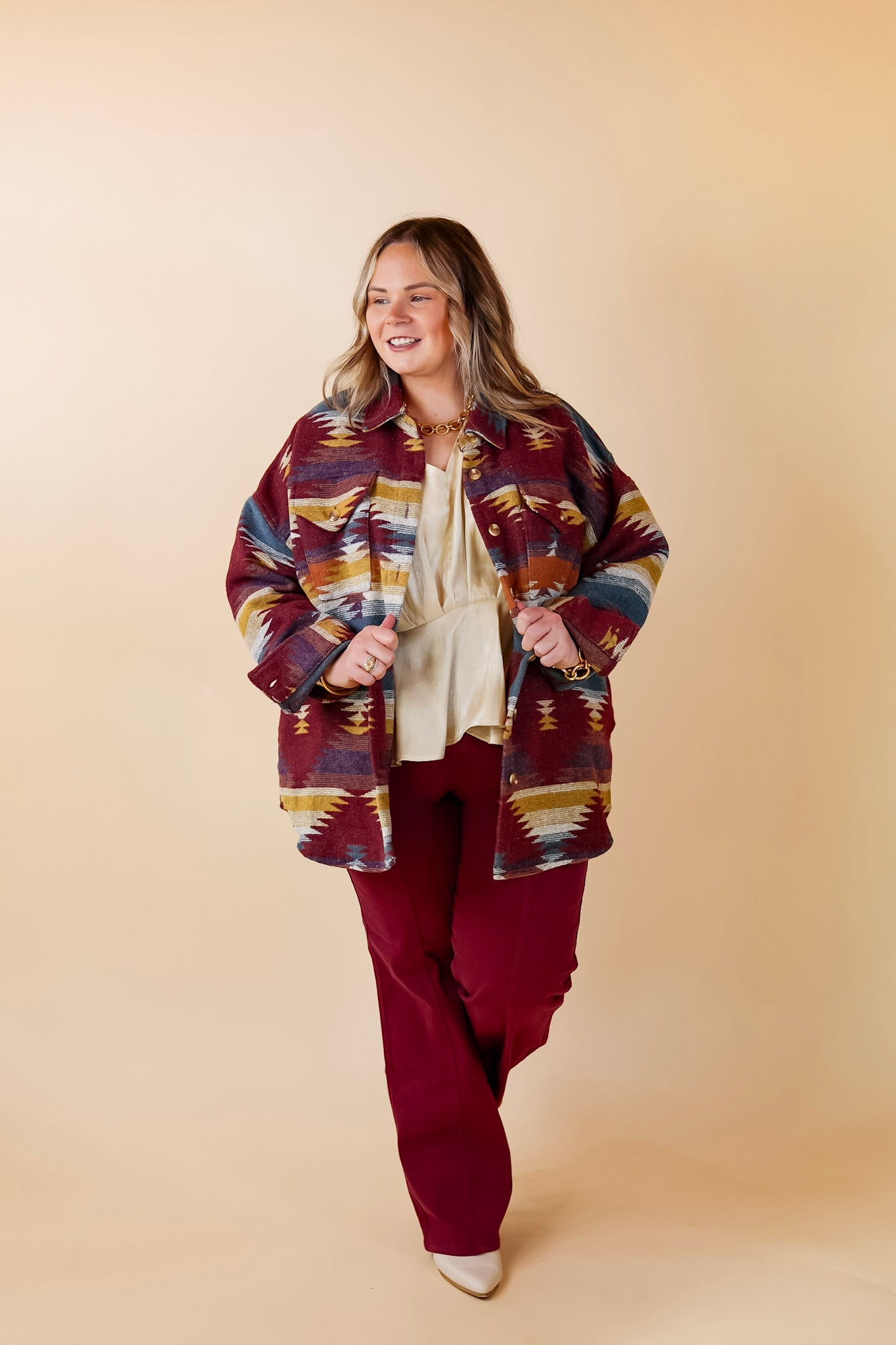 Seize The Day Aztec Print Jacket in Blue and Maroon Mix - Giddy Up Glamour Boutique