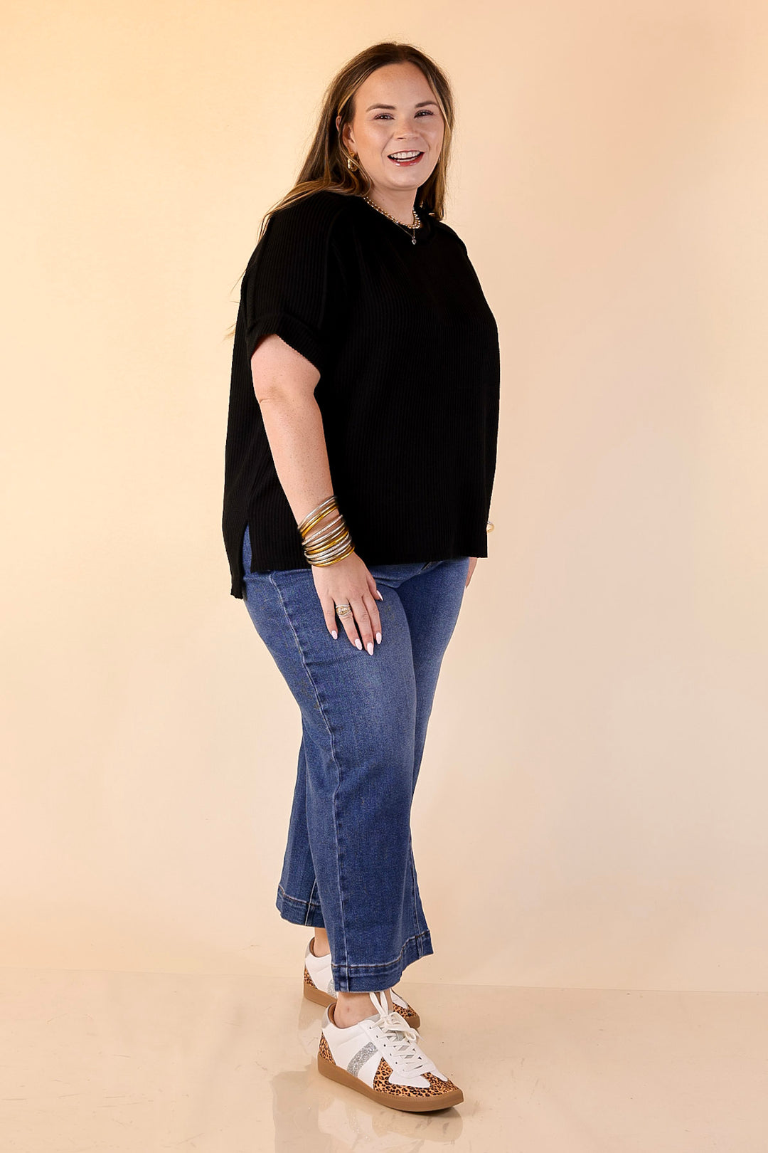 Daily Perfection Scoop Neck Short Sleeve Ribbed Top in Black