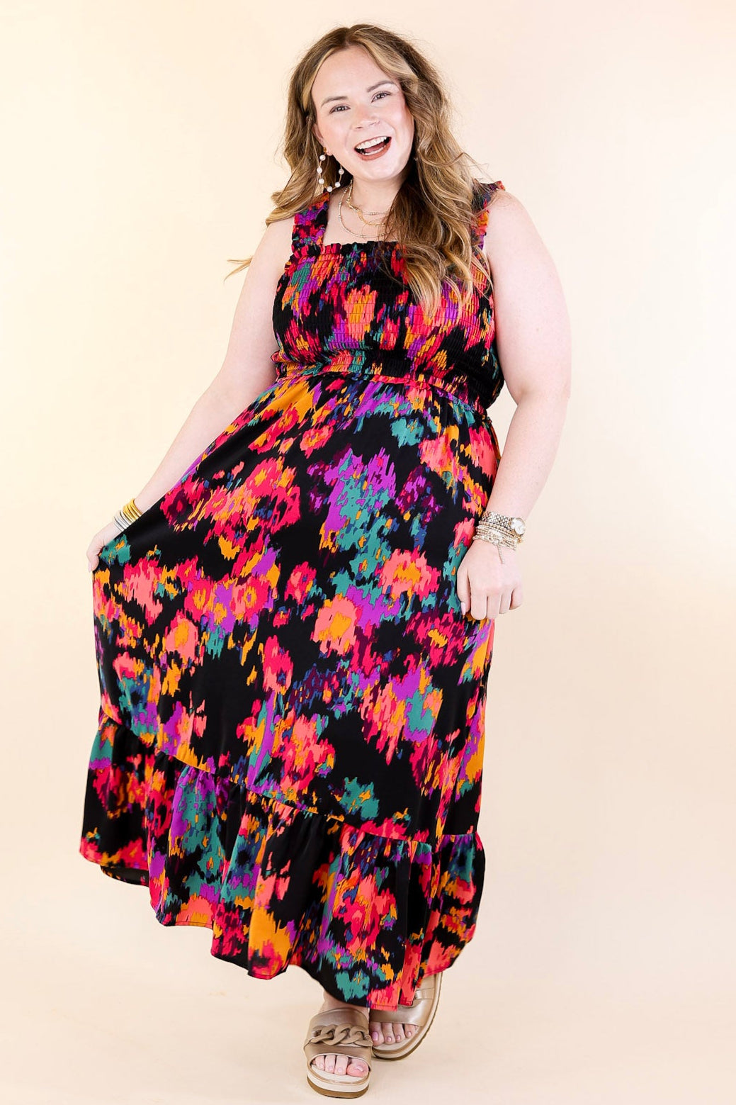 My Night Out Smocked Bodice Dress with Multicolor Abstract Print in Black