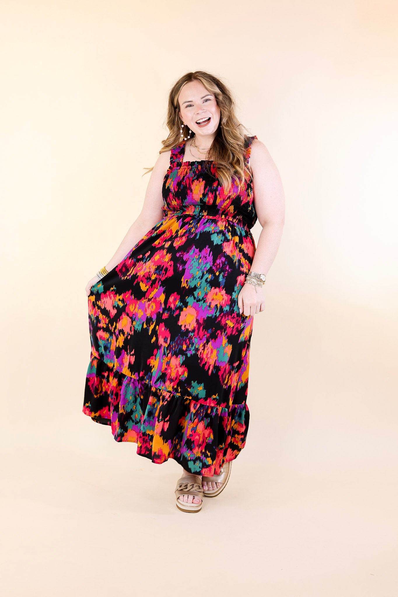 My Night Out Smocked Bodice Dress with Multicolor Abstract Print in Black