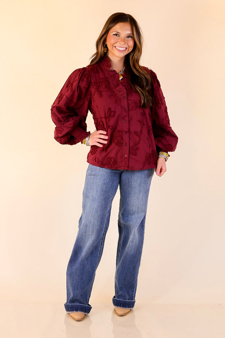 Timeless Romance Ruffled V Neck Floral Applique Embroidered Top in Maroon