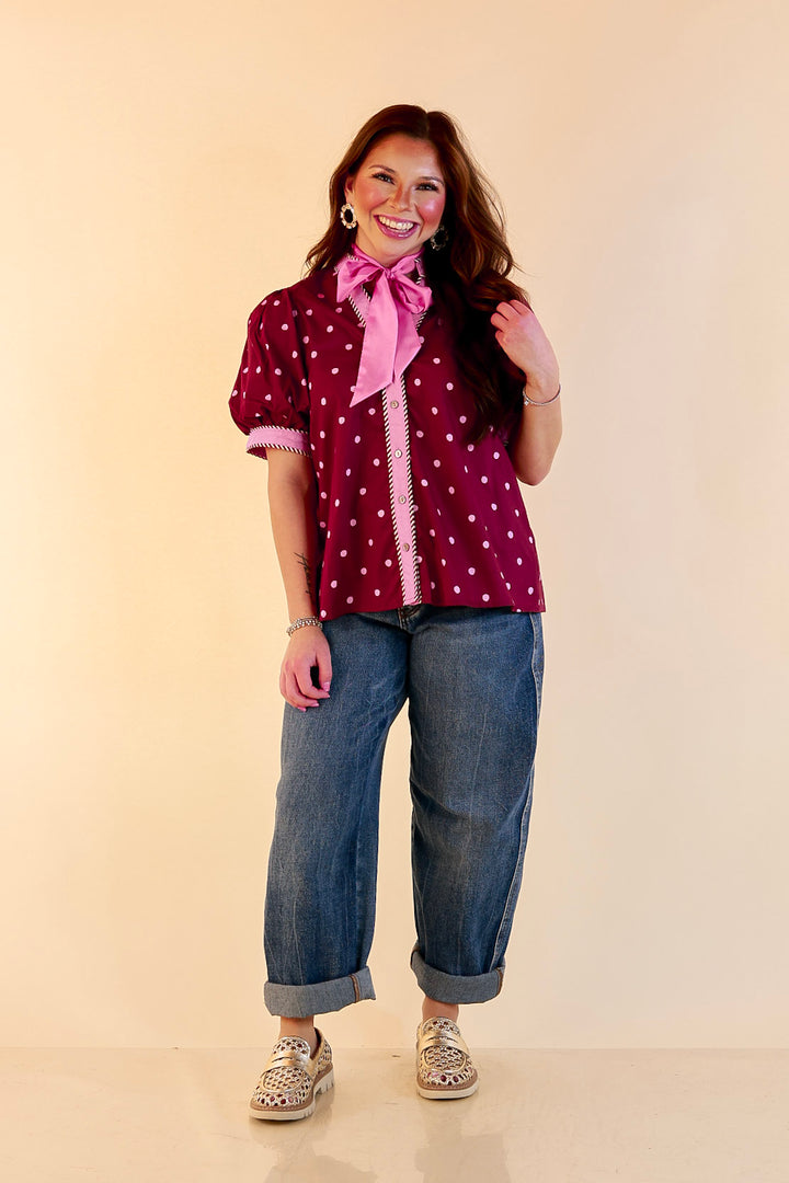 Pop of Polish Short Puff Sleeve Button Front Polka Dot Print Top with Contrast Trim in Maroon and Pink