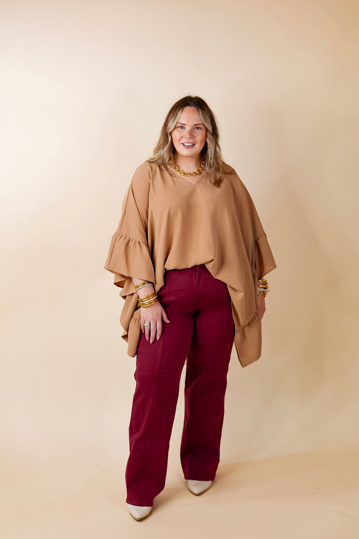 Secret Strength Ruffle Detail Poncho Top in Mocha Brown - Giddy Up Glamour Boutique