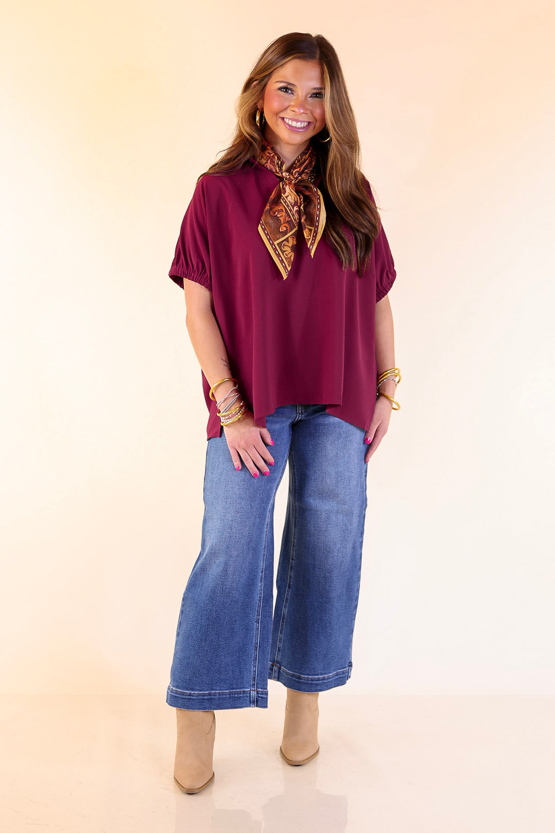 Fresh Start Collared V-Neck Blouse With Drop Shoulder in Maroon