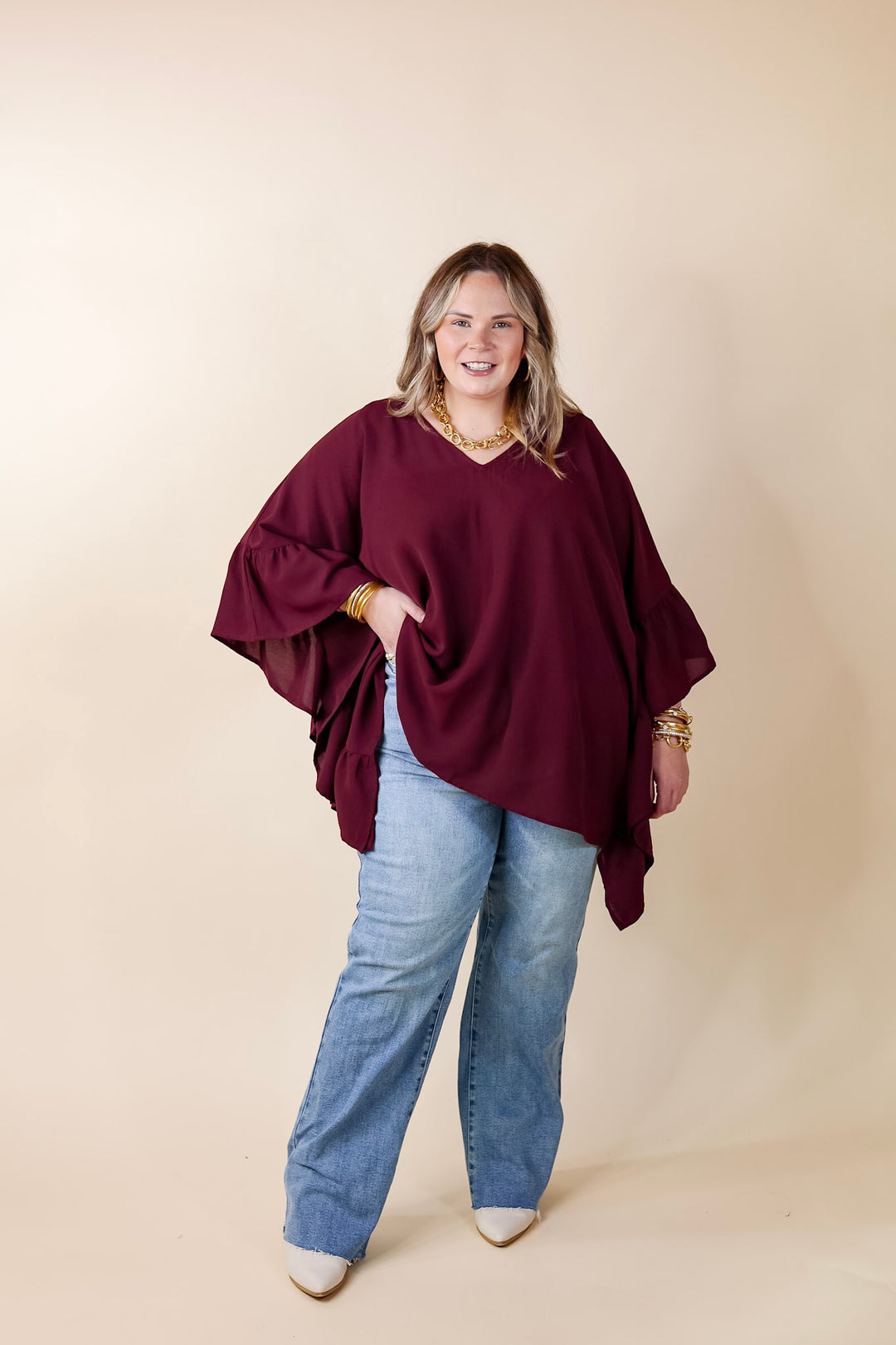 Secret Strength Ruffle Detail Poncho Top in Maroon - Giddy Up Glamour Boutique