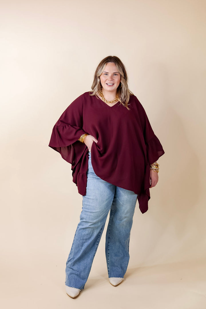 Secret Strength Ruffle Detail Poncho Top in Maroon - Giddy Up Glamour Boutique