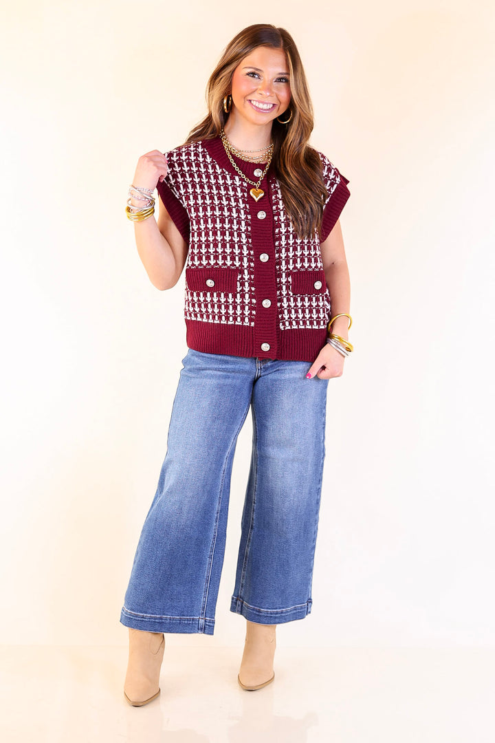 Statement Maker Button Front Large Tweed Sweater Vest in Maroon