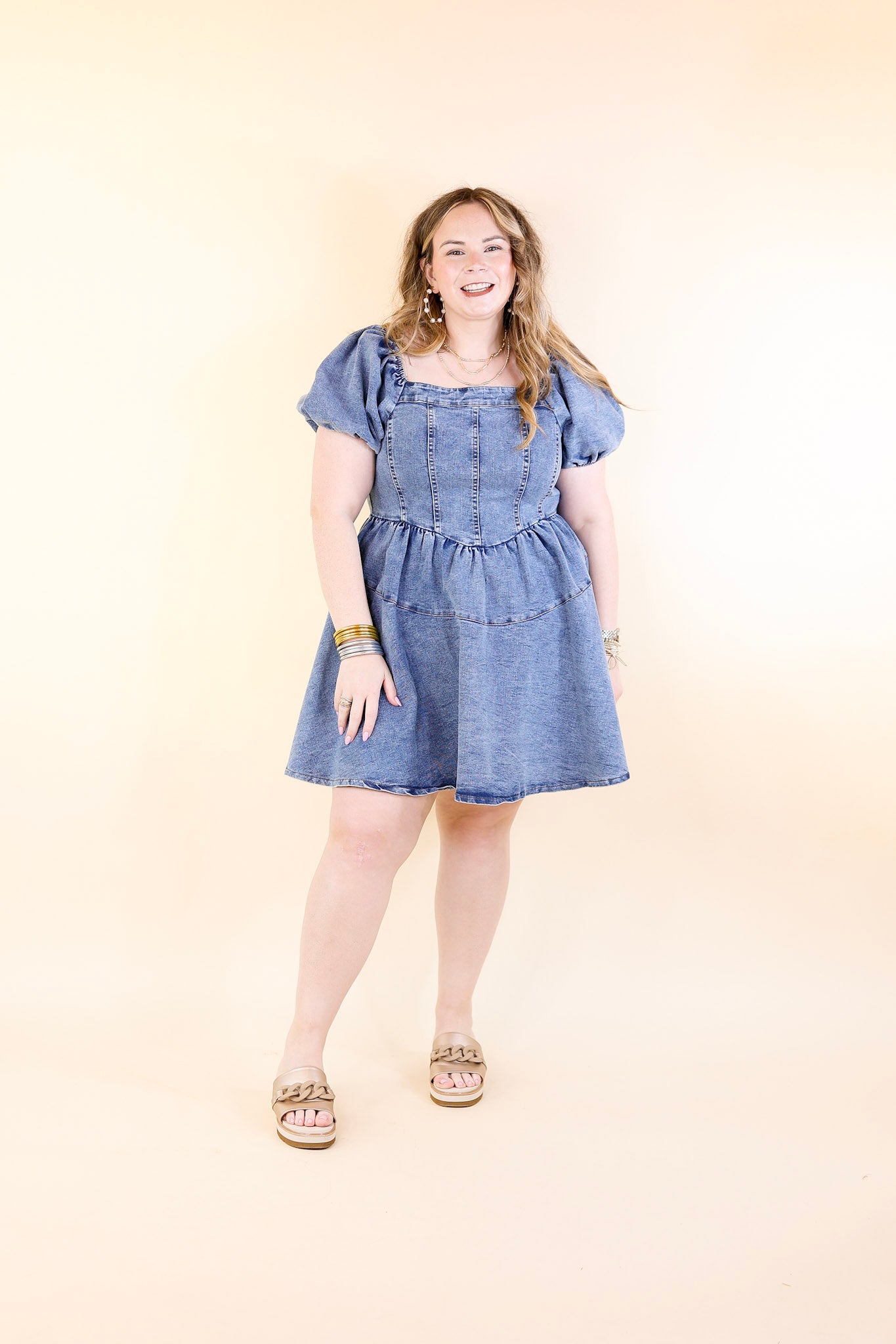 Denim Delight Babydoll Dress with Puff Sleeves in Medium Wash