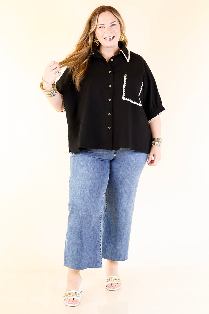 In Good Company Button Up Top with Scalloped Trim Stitching in Black