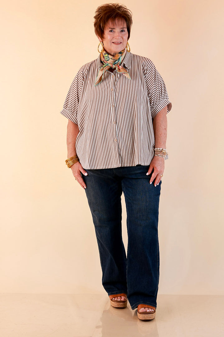 Perfectly Aligned Button Down Collared Top with Vertical Ivory Stripe Detail in Taupe Brown