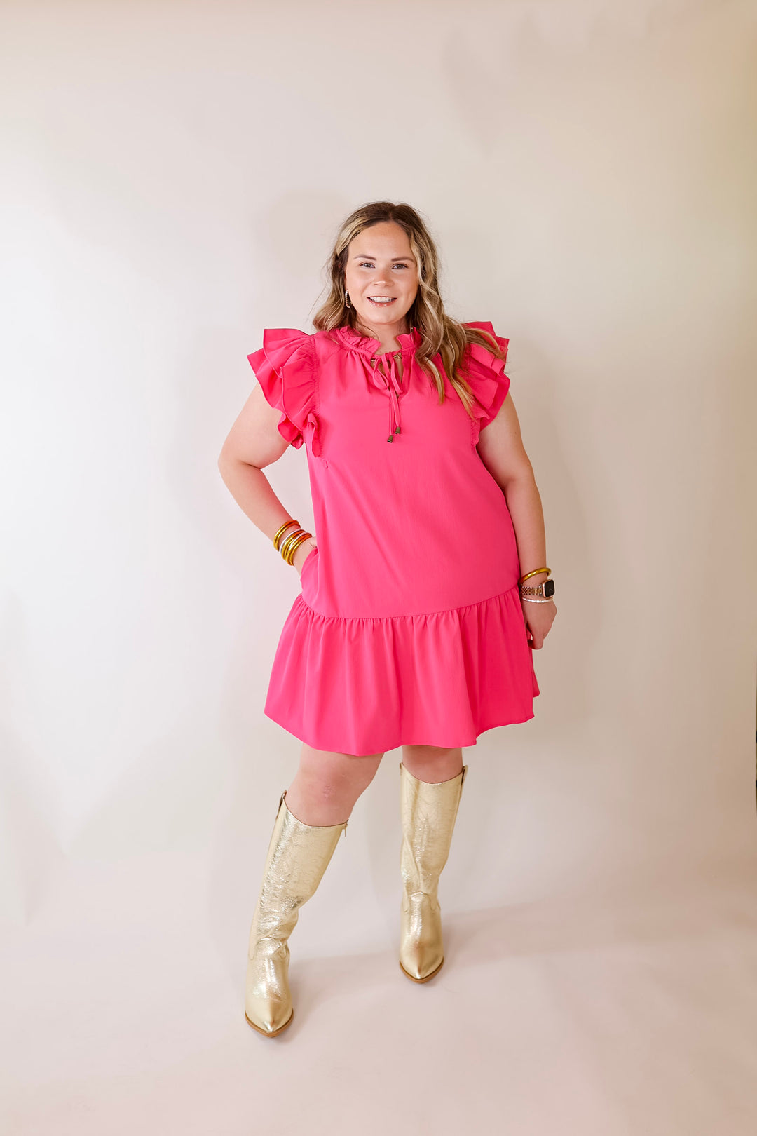 Powerful Love Ruffle Cap Sleeve Dress with Keyhole and Tie Neckline in Hot Pink - Giddy Up Glamour Boutique