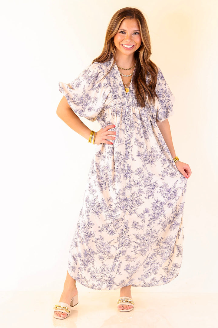 Timeless Blossom Floral Print Button Up Dress in Cream and Blue
