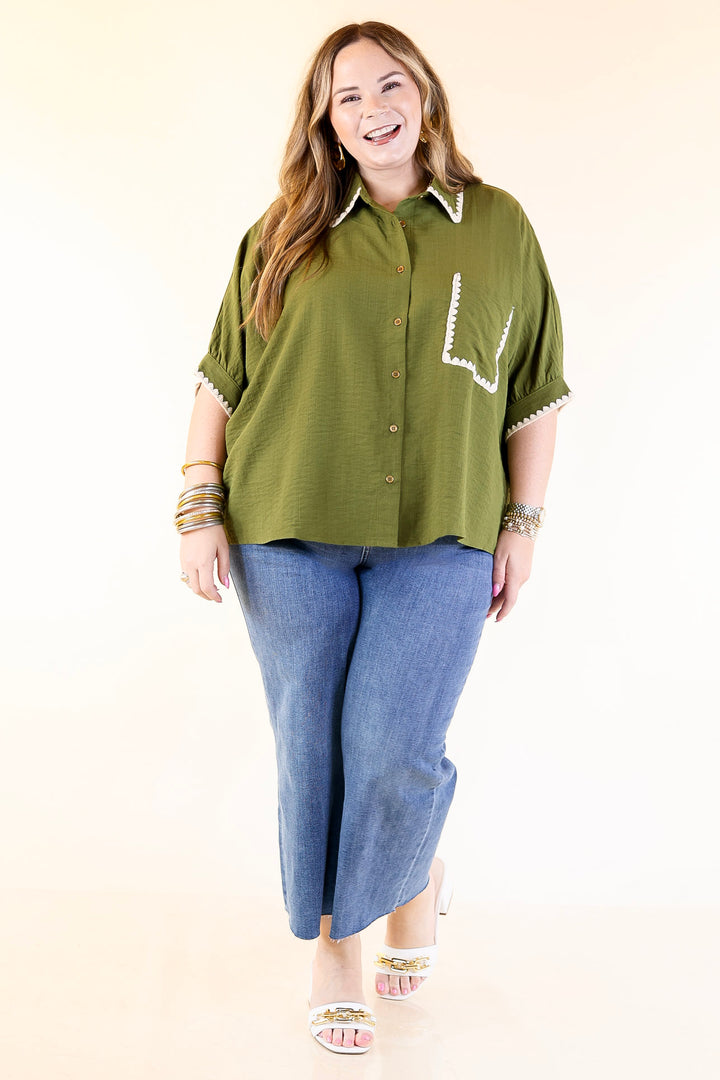 In Good Company Button Up Top with Scalloped Trim Stitching in Olive Green