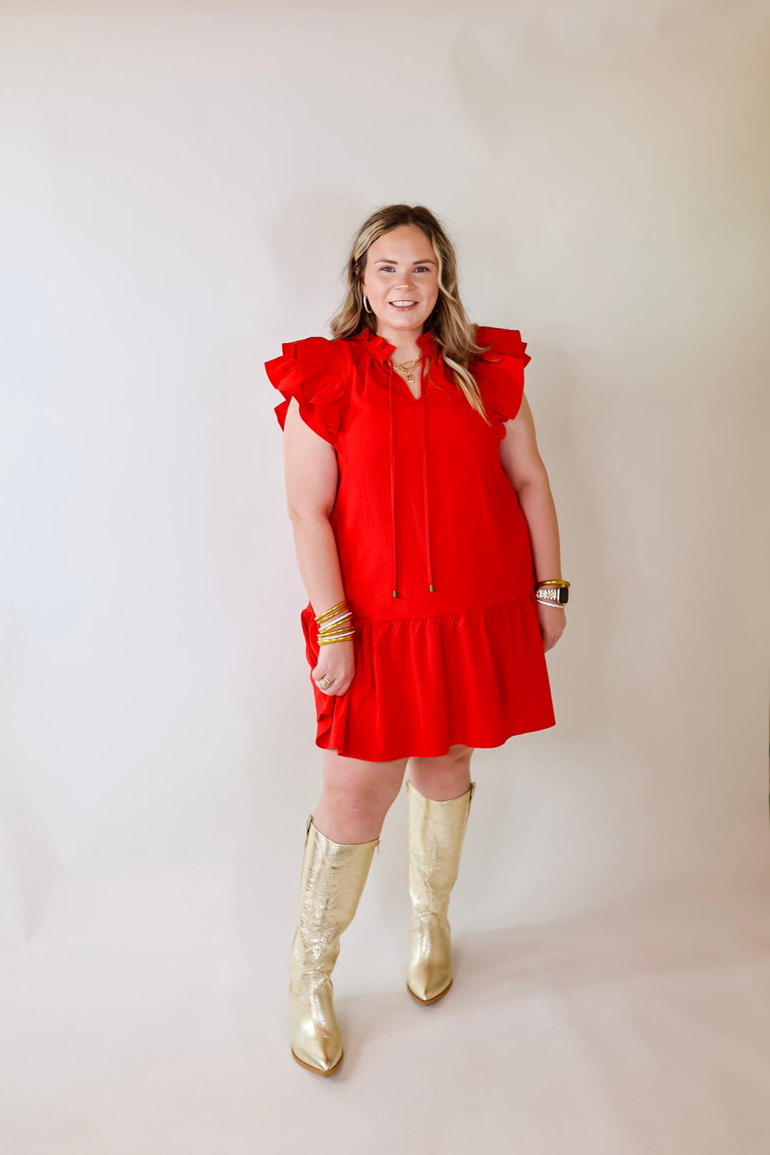 Powerful Love Ruffle Cap Sleeve Dress with Keyhole and Tie Neckline in Red - Giddy Up Glamour Boutique