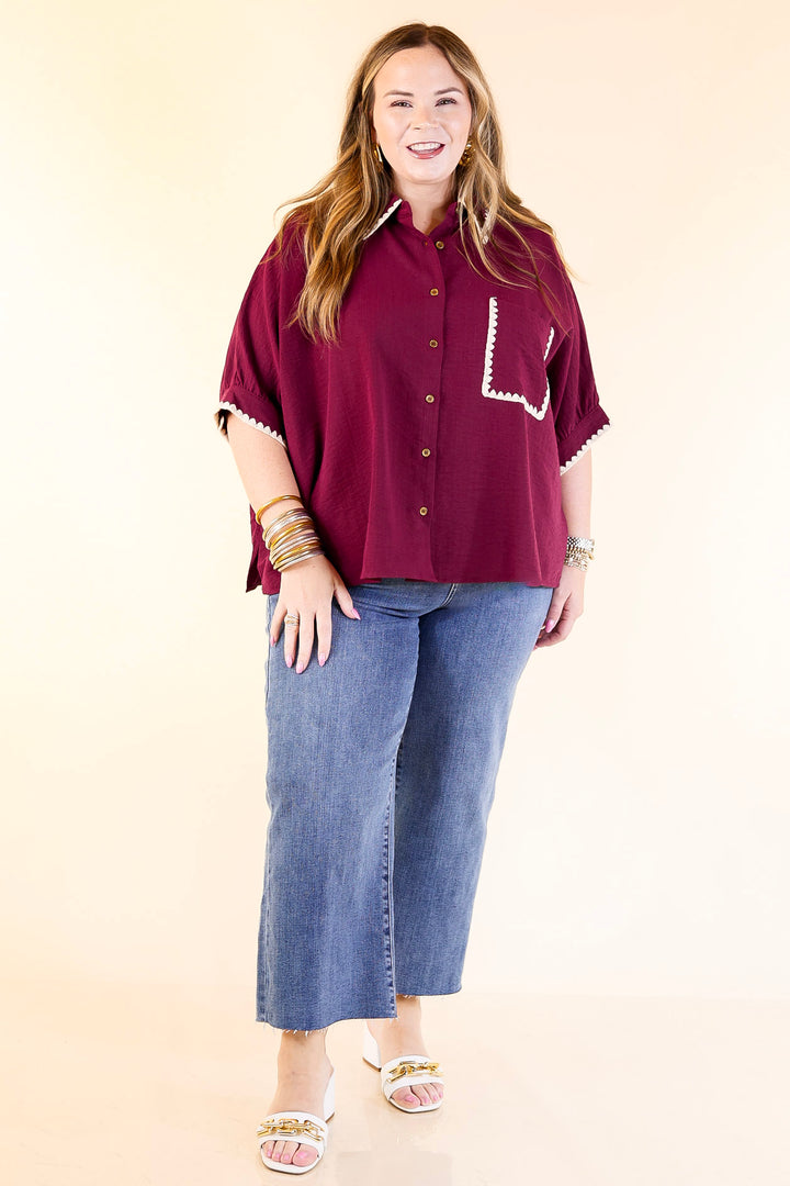 In Good Company Button Up Top with Scalloped Trim Stitching in Maroon