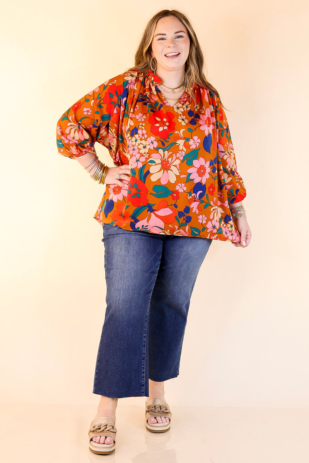 Falling For Floral 3/4 Sleeve Top with Notched Neck in Camel Brown