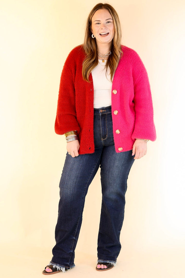 Fireside Feels Color Block Button Up Cardigan with Balloon Sleeves in Hot Pink and Red