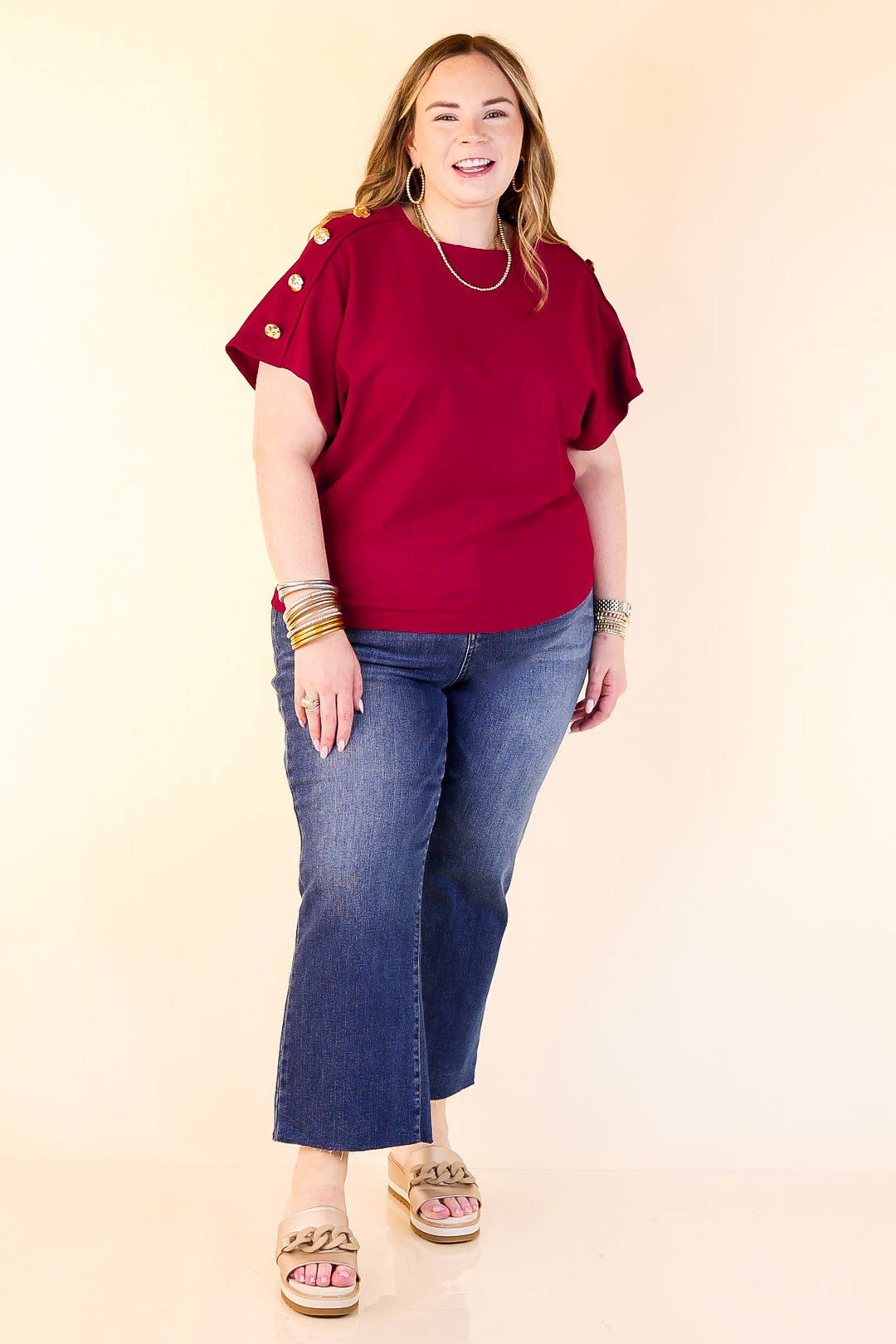 Golden Hour Glow Ribbed Crew Neck Top With Gold Button Detailing in Maroon